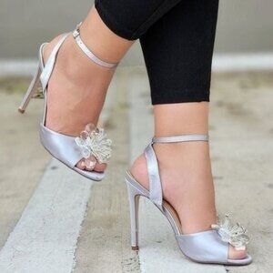 Women's Silver Satin Ankle‎ Strap High Heels